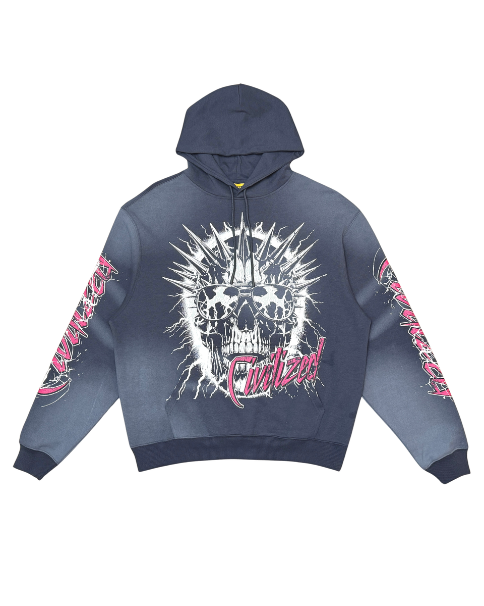 Gray hoodie with graphic design on a white background