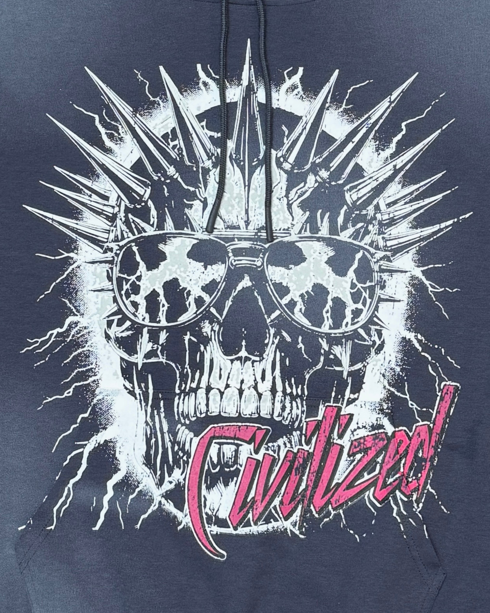 Hoodie with a skull design and 'Uncivilized' text on a dark background