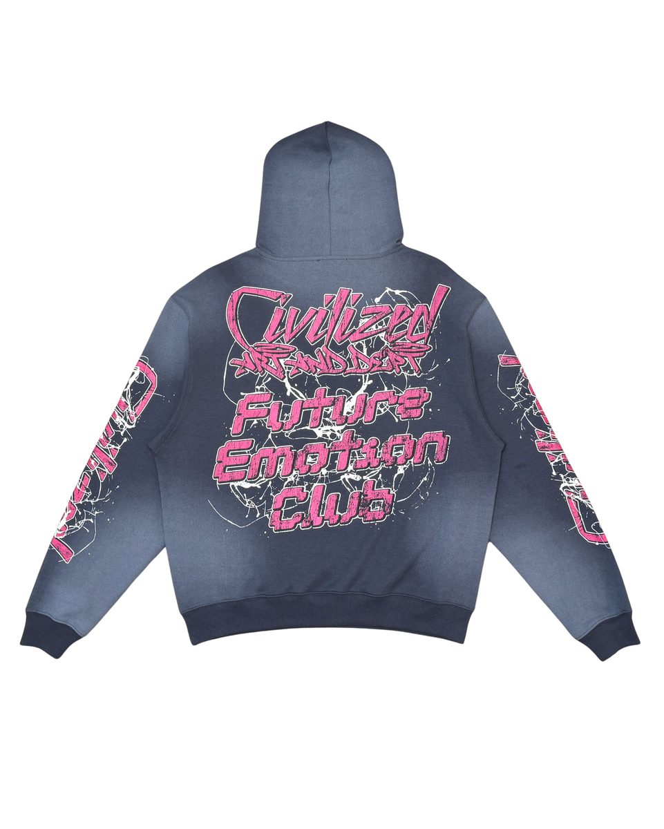 Gray hoodie with pink text and graphics on a white background