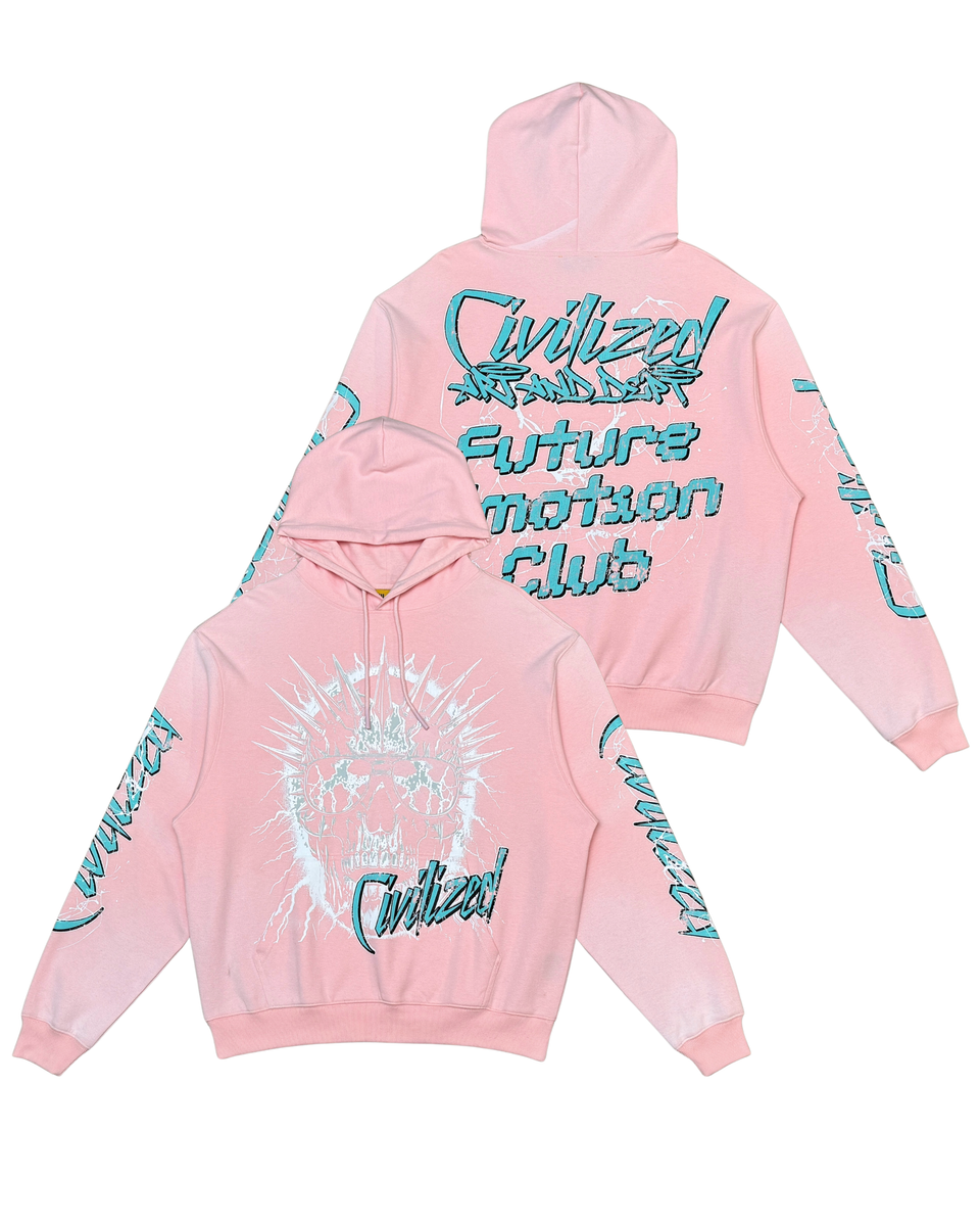 Pink hoodie with text and graphics on a white background