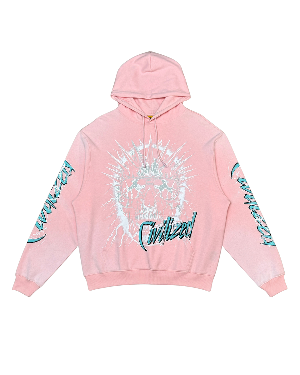 Pink hoodie with graphic design and text on a white background