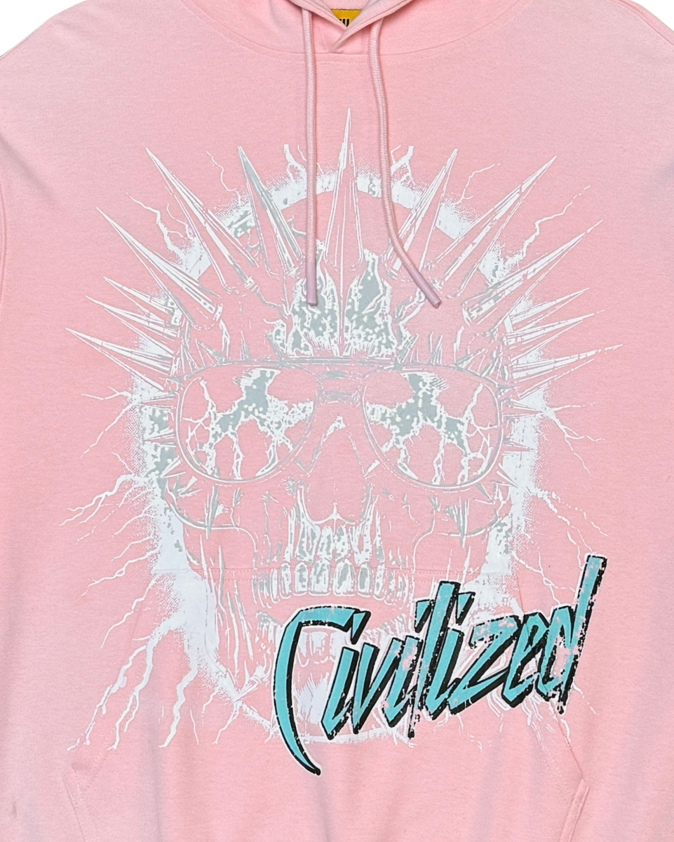 Pink hoodie with white graphic design and text on a plain background