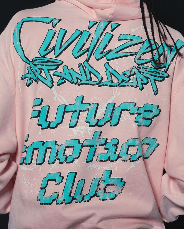 Pink hoodie with teal text on a black background