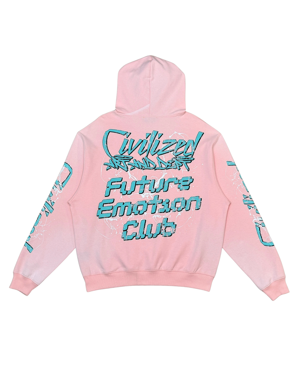 Pink hoodie with blue text on a white background