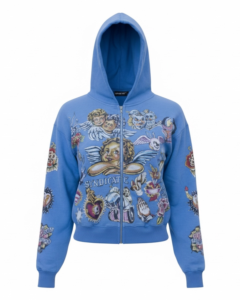 Blue hoodie with artistic designs on a white background