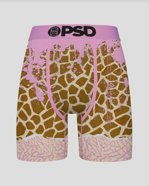 Pink and brown patterned underwear with 'PSD' branding on a white background