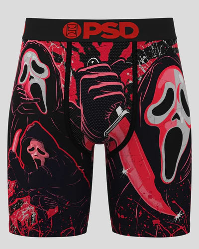 Black and red shorts with graphic designs on a white background