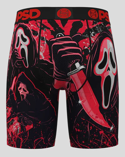 Black and red boxer briefs with graphic design on a white background