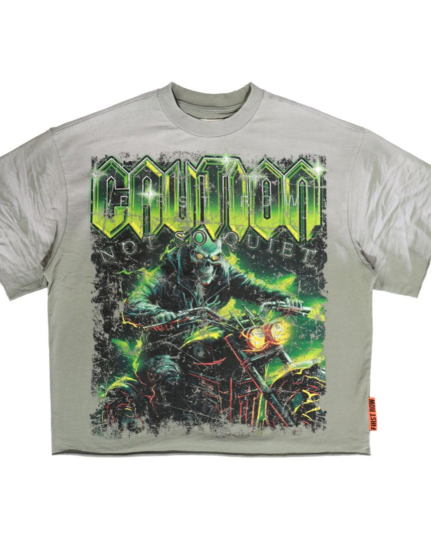 front view of a Gray t-shirt with a graphic design featuring green text and images on a white background