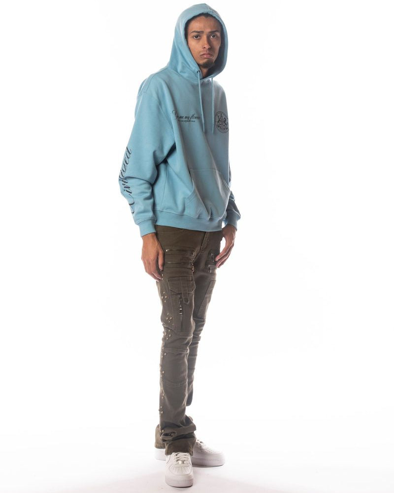 Person wearing a light blue hoodie on a white background