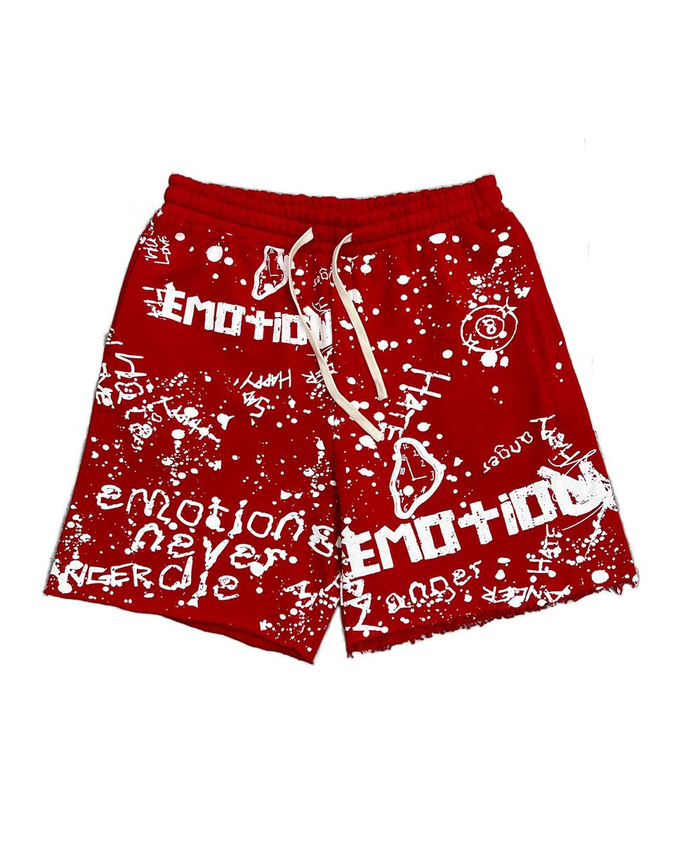 all red sweat shorts with white graffiti designs all over including the brand name mixed emotions.
