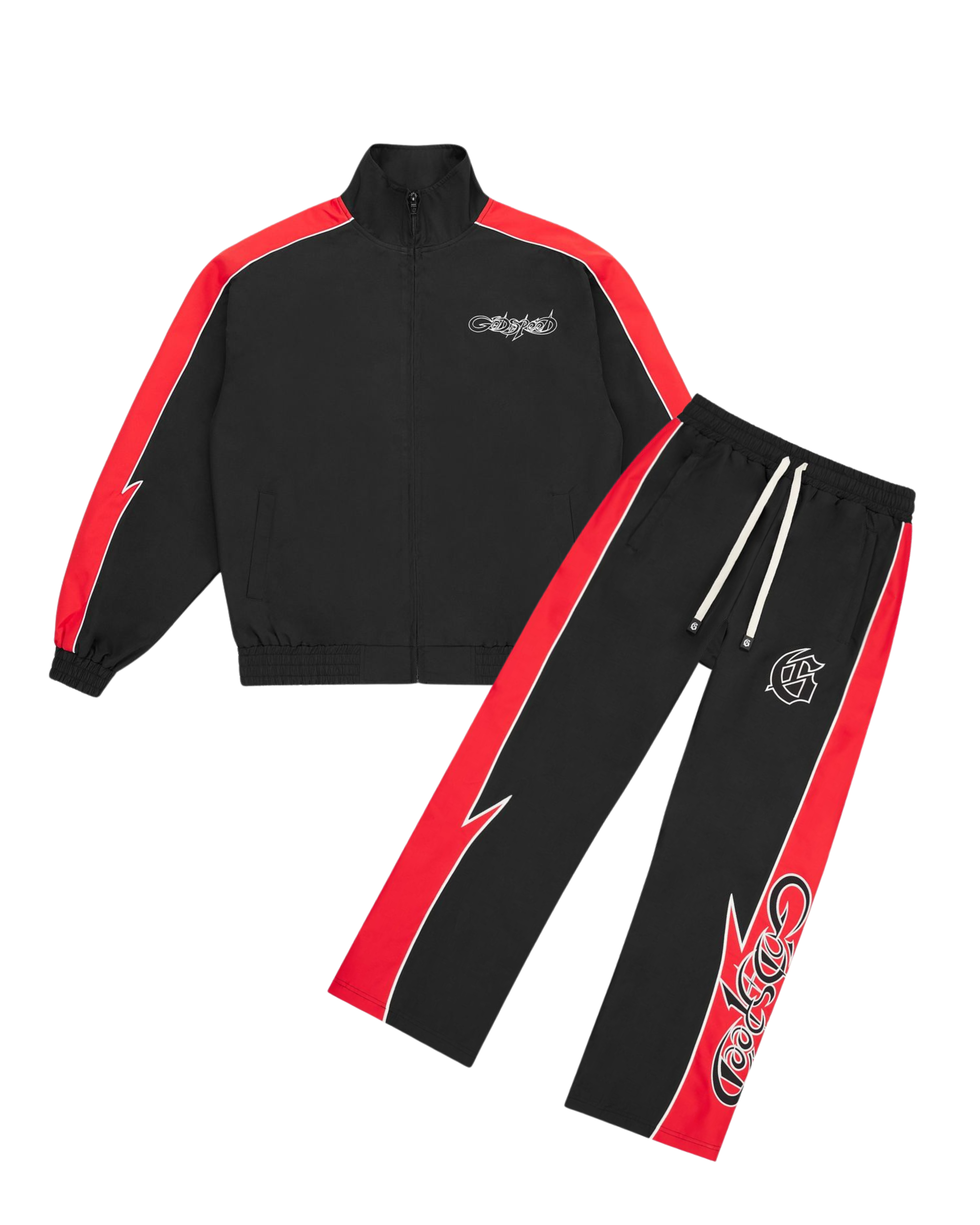 Black and red tracksuit with branding on a white background