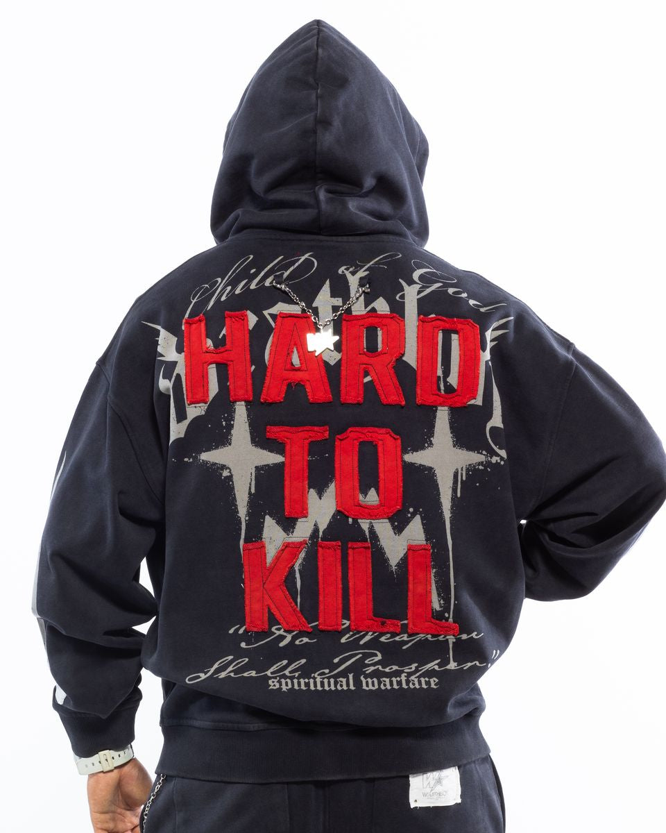 Black hoodie with 'Hard to Kill' text on the back against a white background