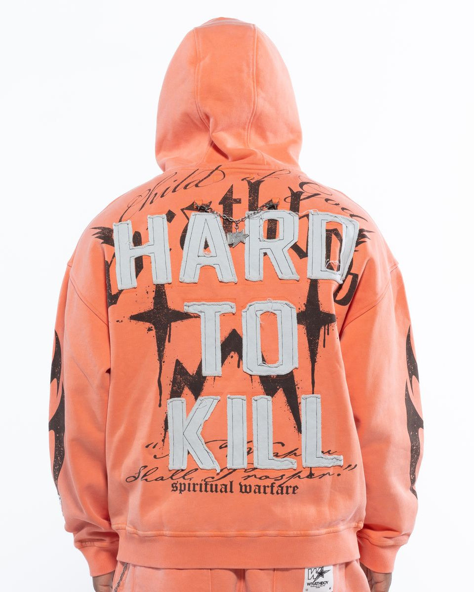 Orange hoodie with 'Hard to Kill' text on the back against a white background
