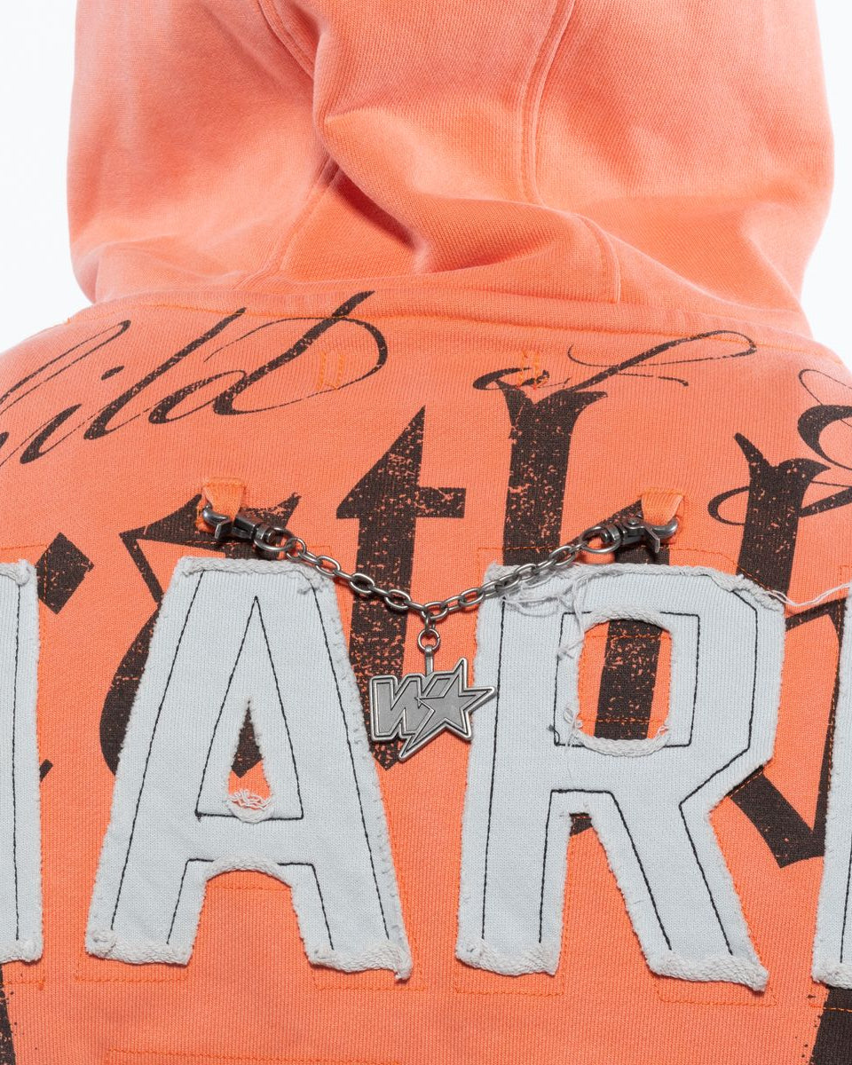 Orange hoodie with text and star design on the back