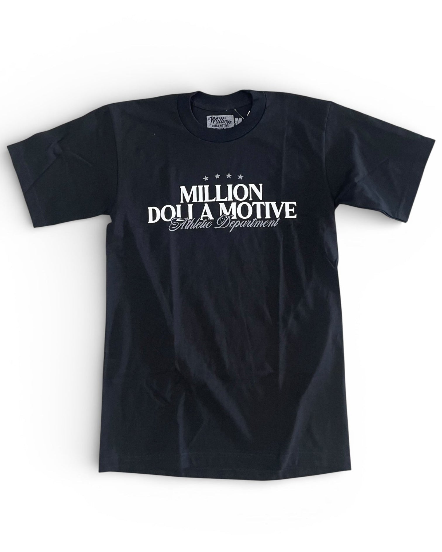 Black t-shirt with white text on a white background