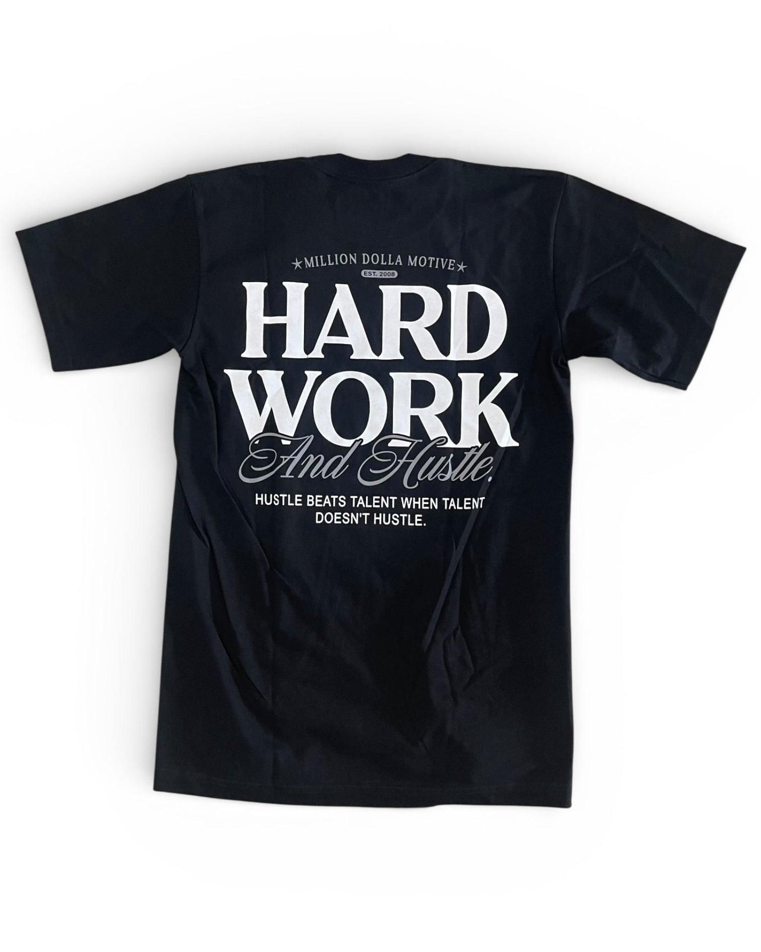 Black t-shirt with white text on a white background