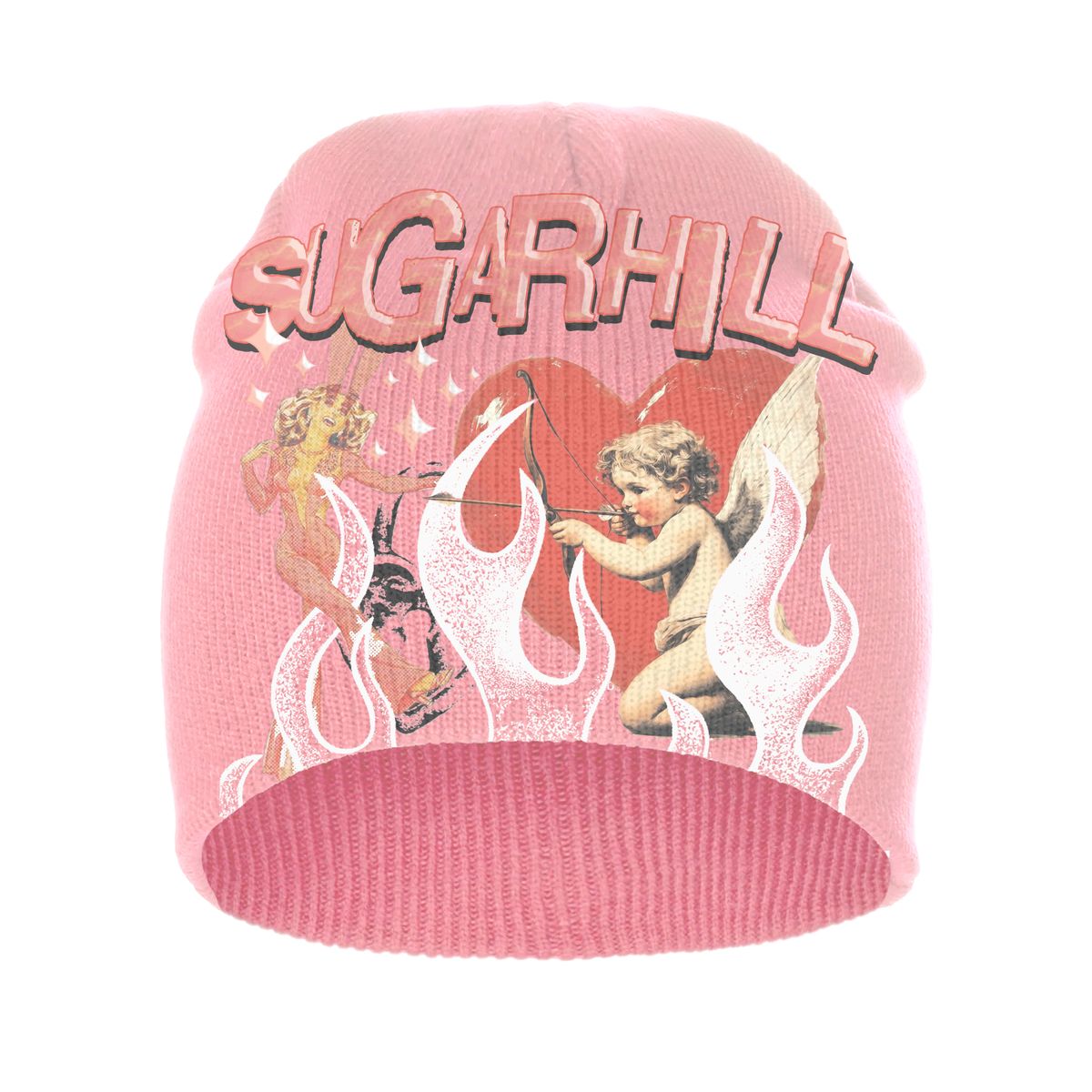 Pink beanie with 'SUGARHILL' branding and cherub design on a white background