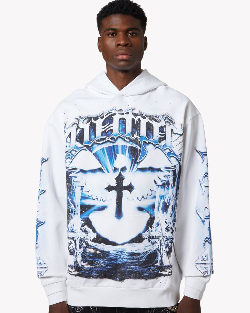 Person wearing a white hoodie with blue and black graphic design on a white background