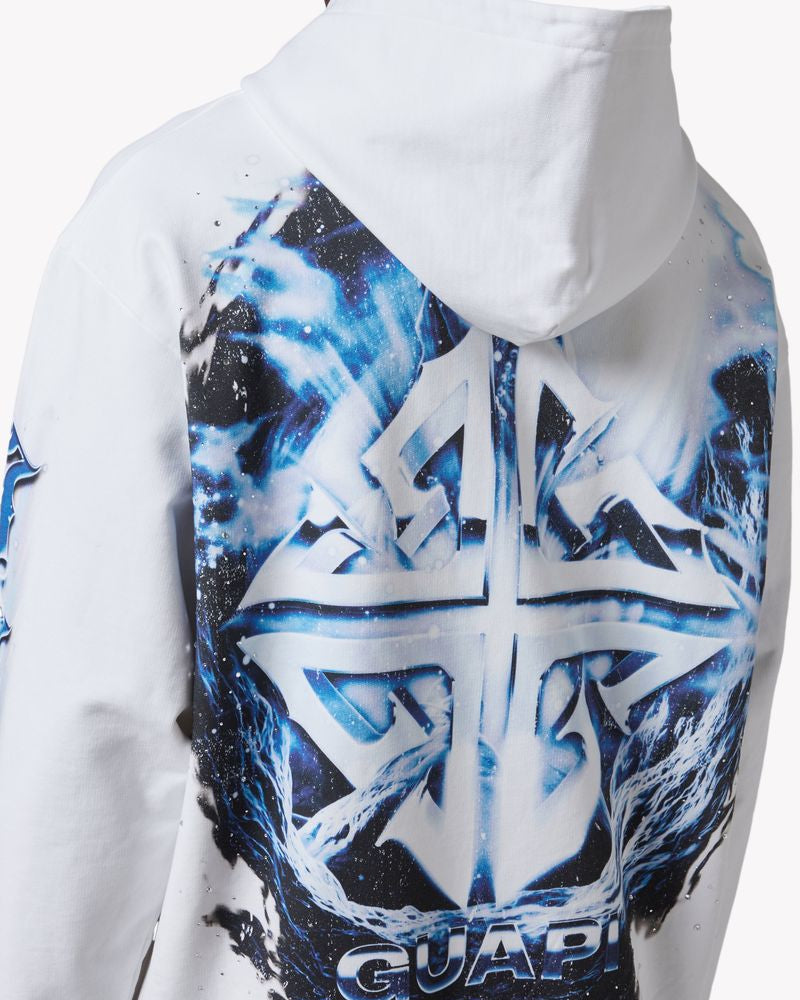 White hoodie with blue and black abstract design on the back, featuring the brand 'Guard'.