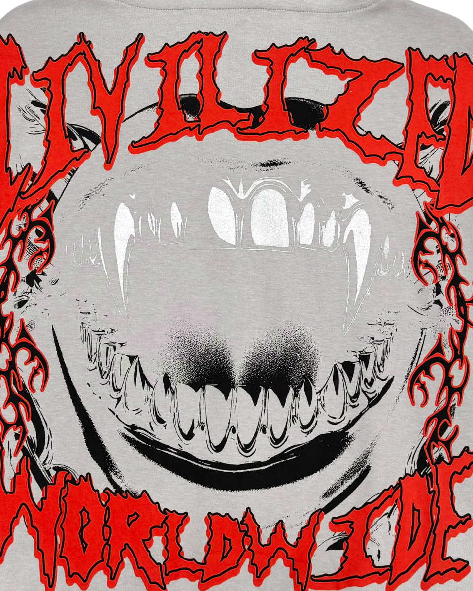 Gray sweatshirt with a graphic design of a mouth with red text 'CIVILIZED WORLDWIDE' on a white background