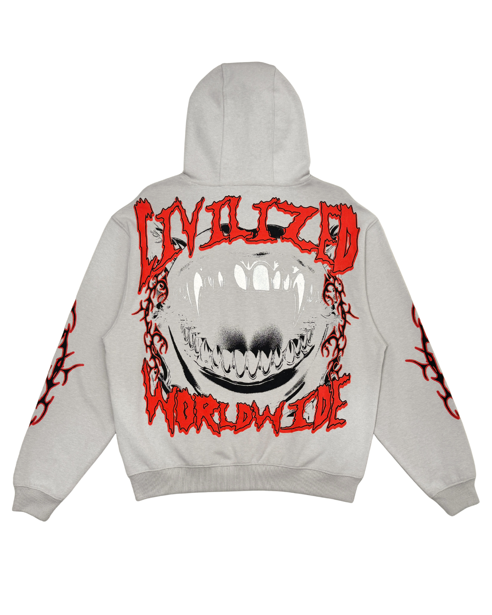 Gray hoodie with a shark graphic and red text on a white background