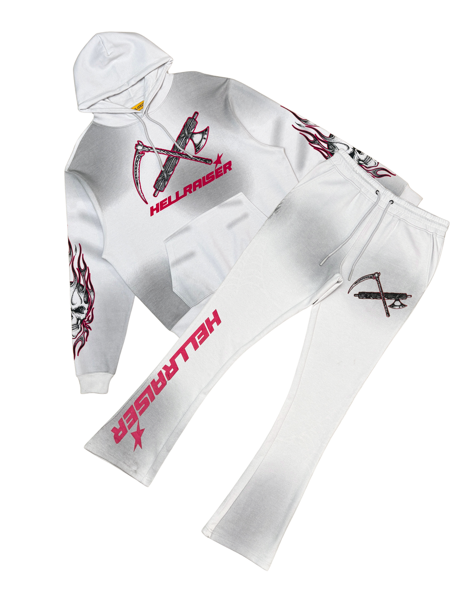 White hoodie and pants with 'Hellraiser' branding on a white background