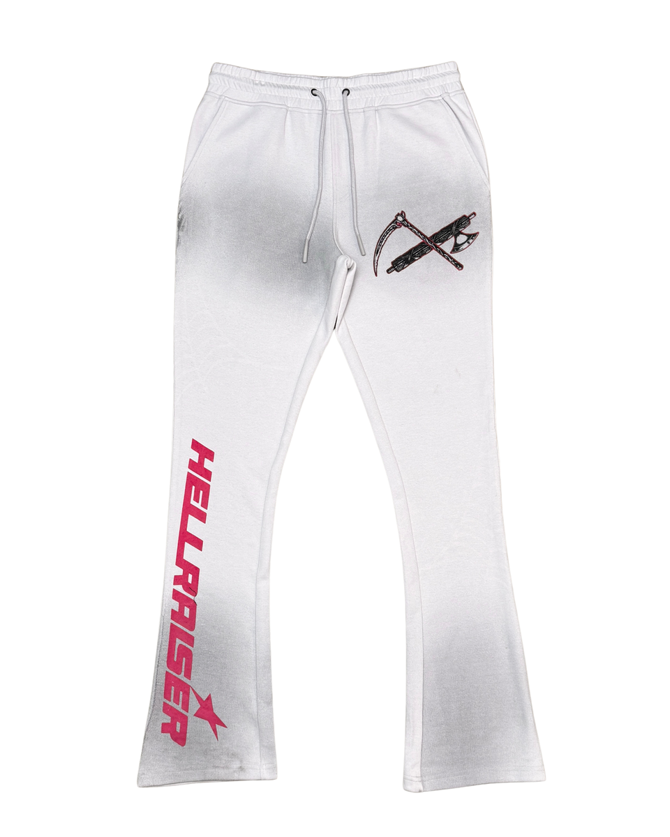 White sweatpants with 'Hellraiser' logo on a white background
