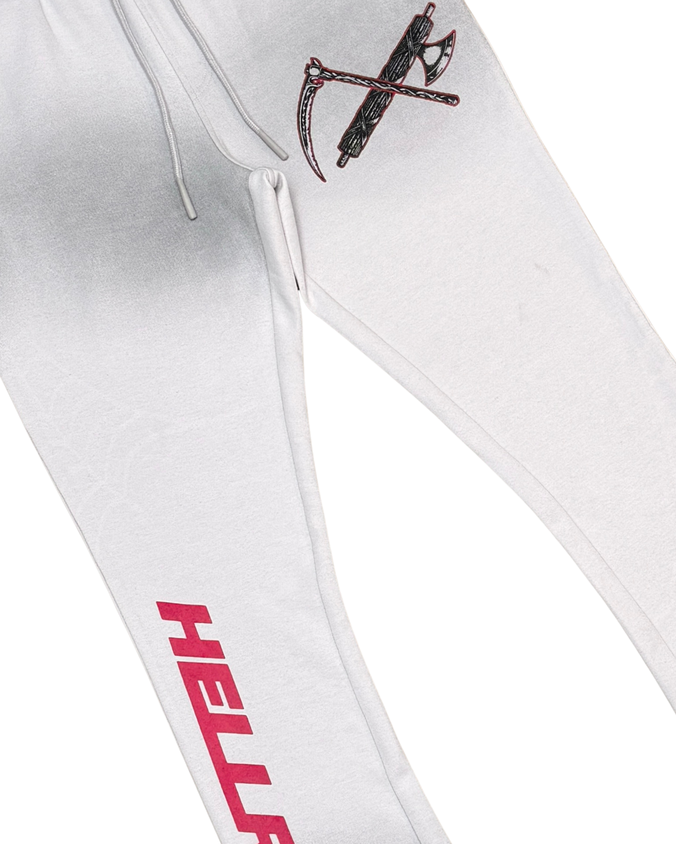 White pants with a red logo and black archery design on a white background