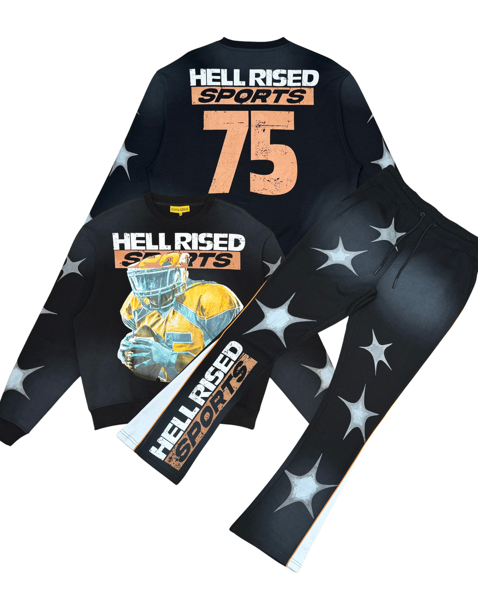 Black athletic outfit with 'Hell Raised Sports' branding on a white background