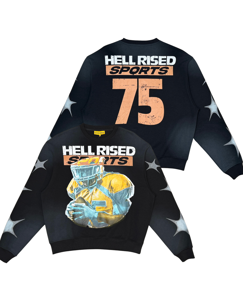 Black sweatshirt with 'Hell Rised Sports' and number design on a white background