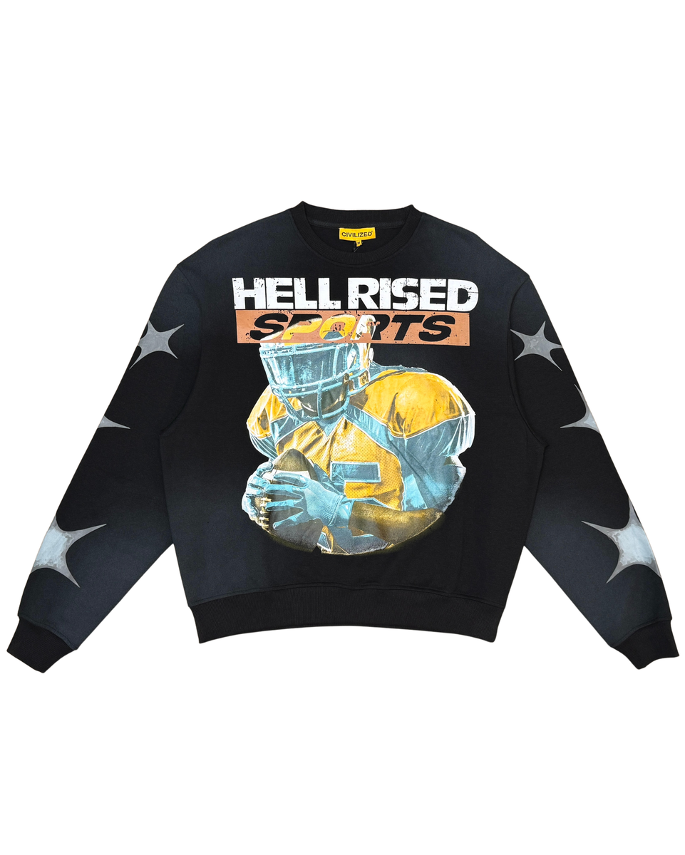 Black sweatshirt with graphic design and 'HELL RISED SPORTS' text on a white background