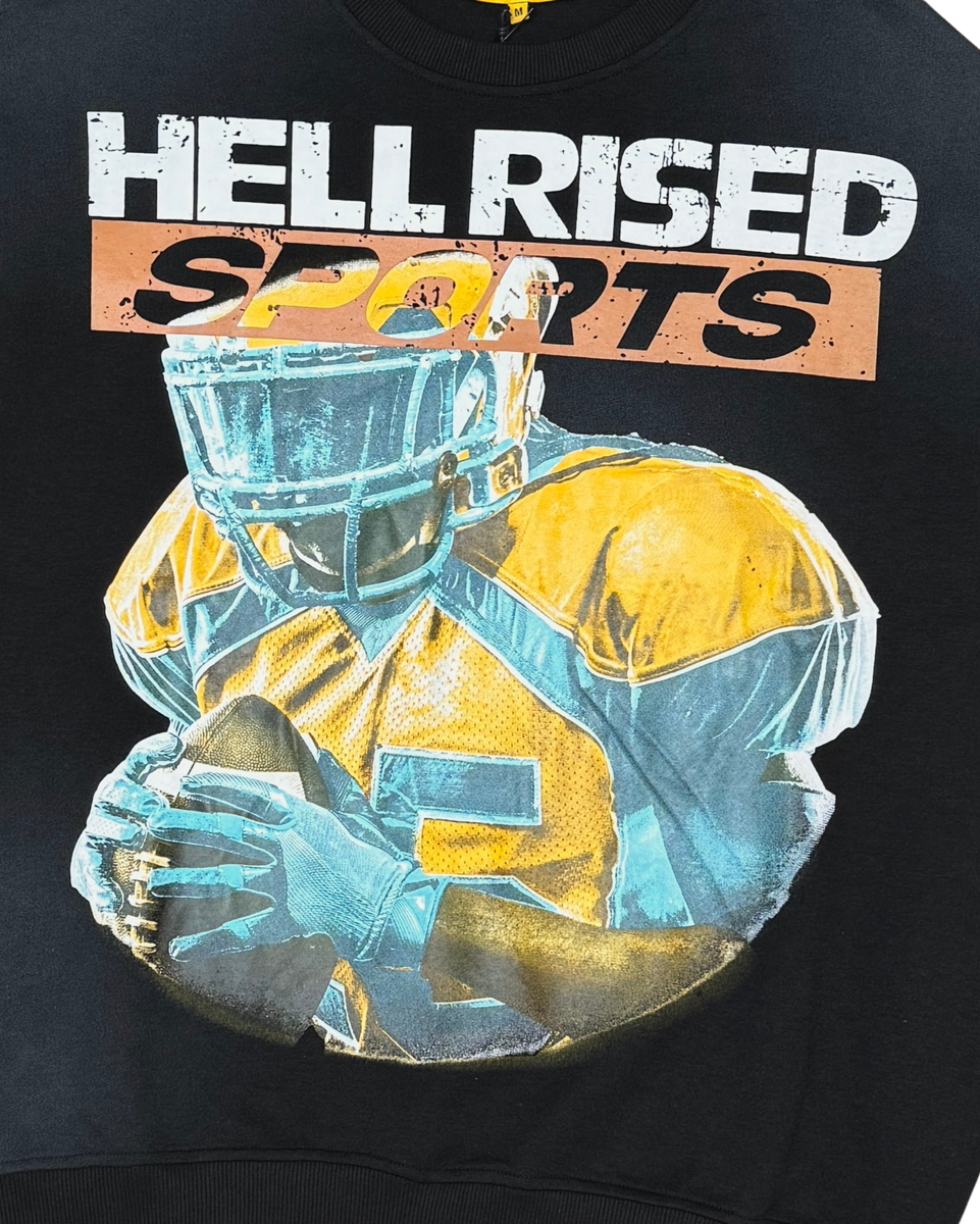 Black sweatshirt with a graphic of a football player and 'Hell Rised Sports' text.