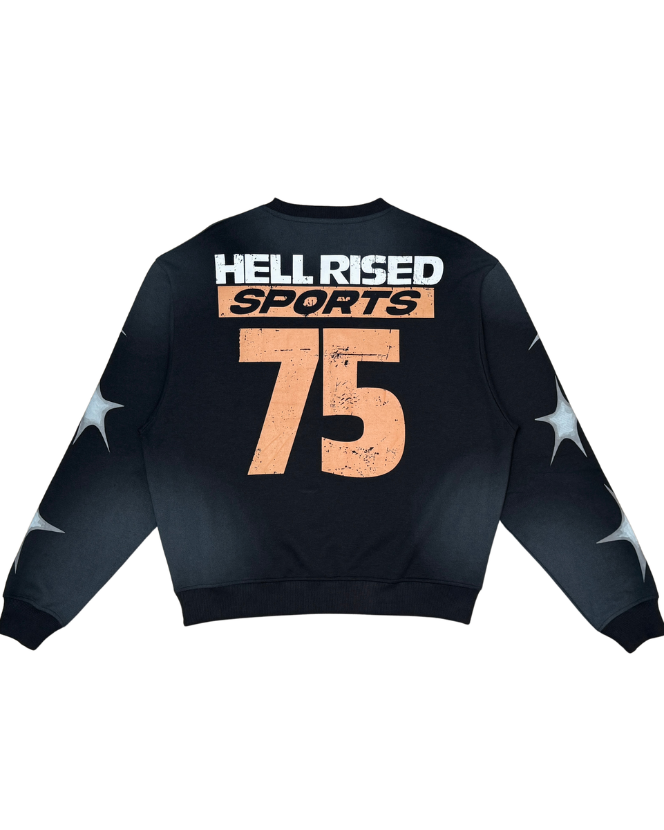 Black sweatshirt with 'HELL RISED SPORTS' and '75' printed on the back against a white background