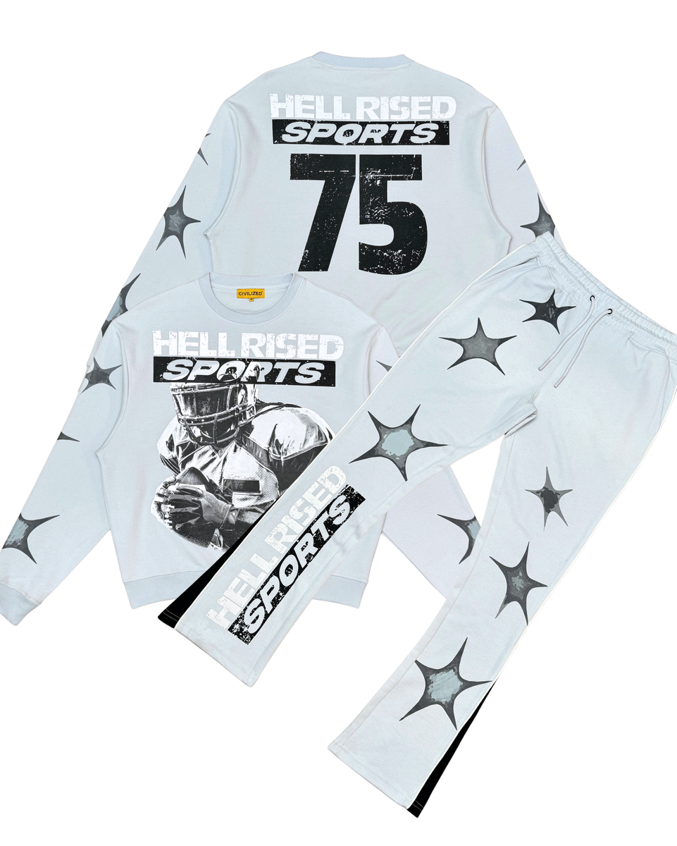Light blue sports-themed sweatshirt with star patterns and 'HELLRISED SPORTS' branding on a white background.