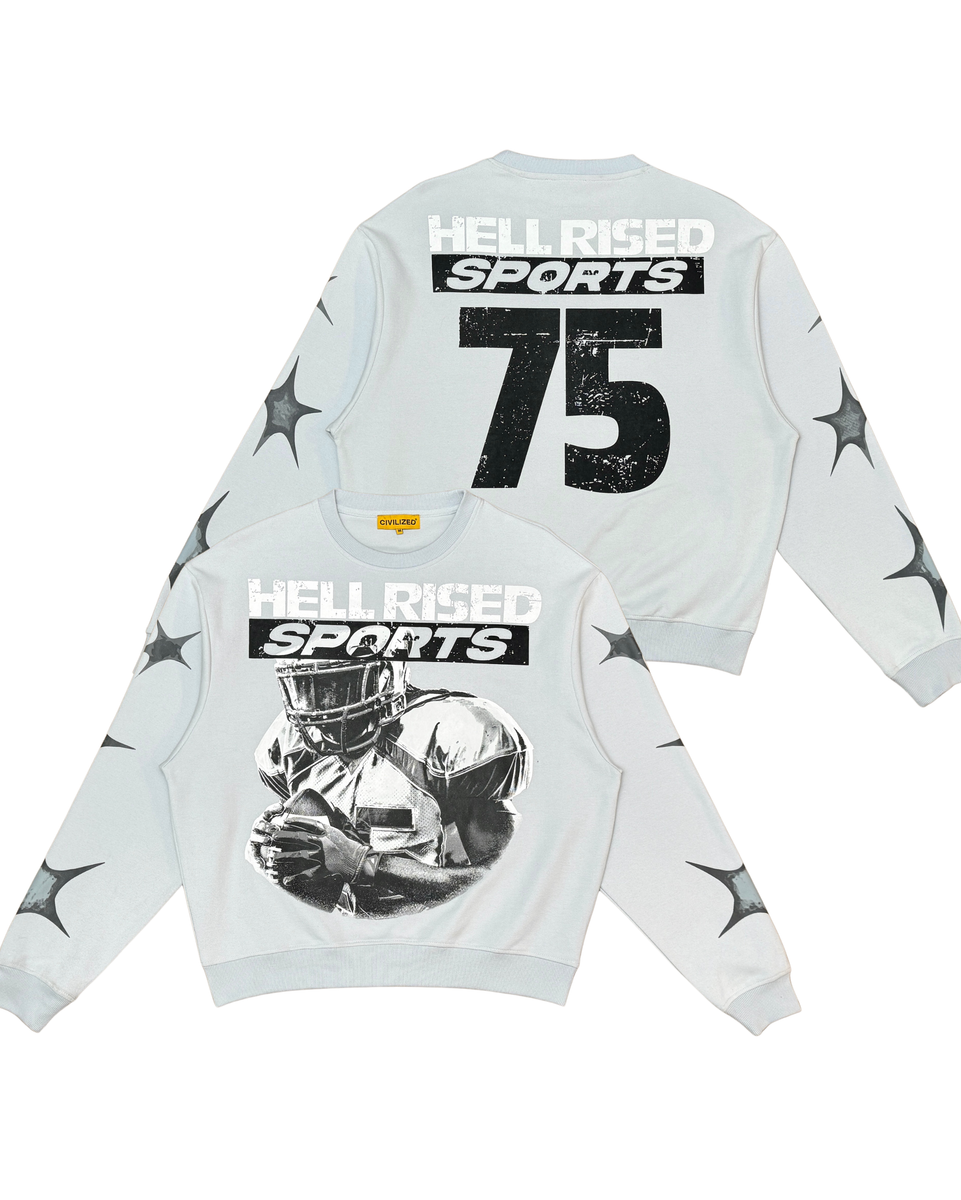White long-sleeve shirt with black and gray graphics and text on a white background