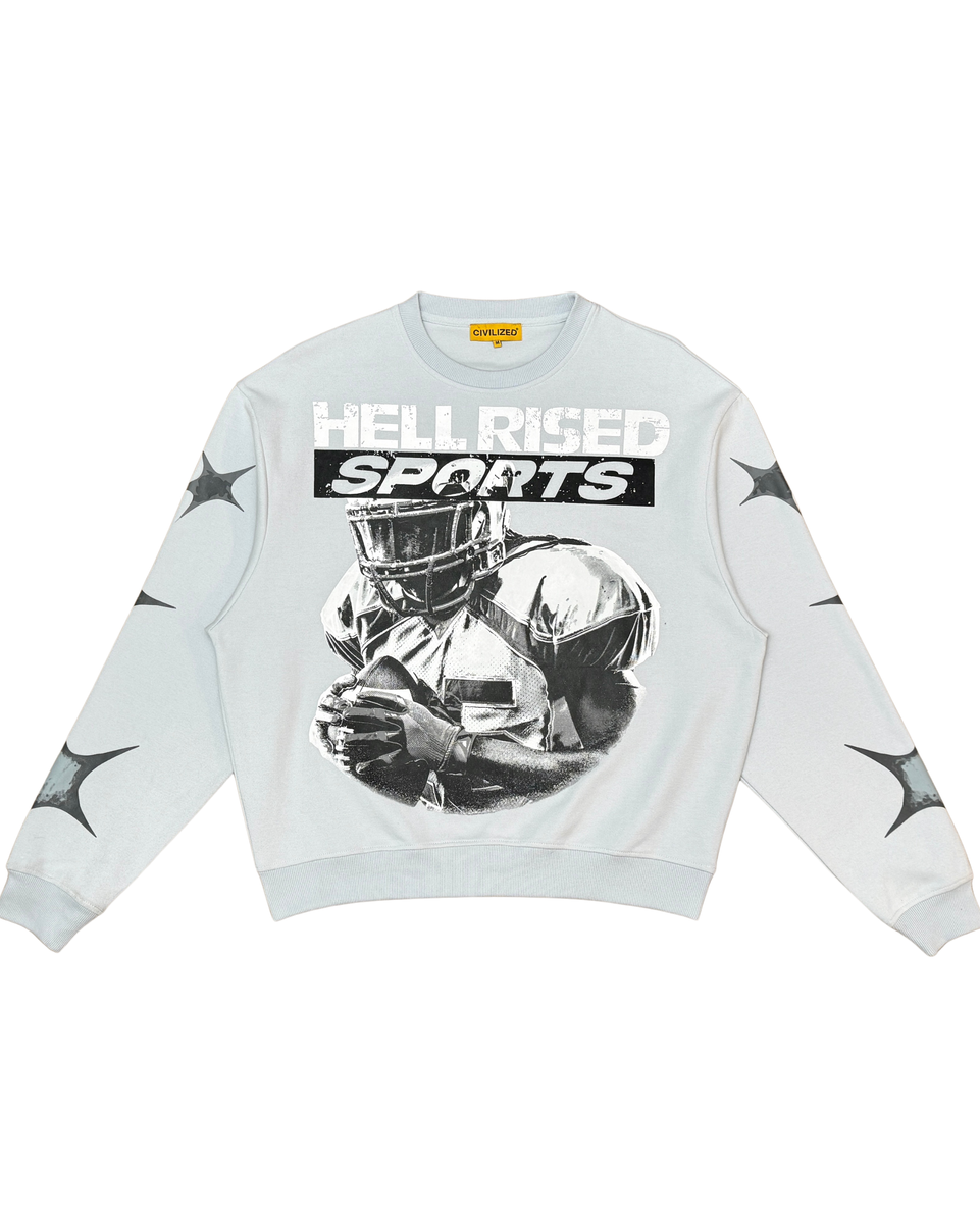 White sweatshirt with black and white graphic design and 'HELL RISED SPORTS' text on a white background