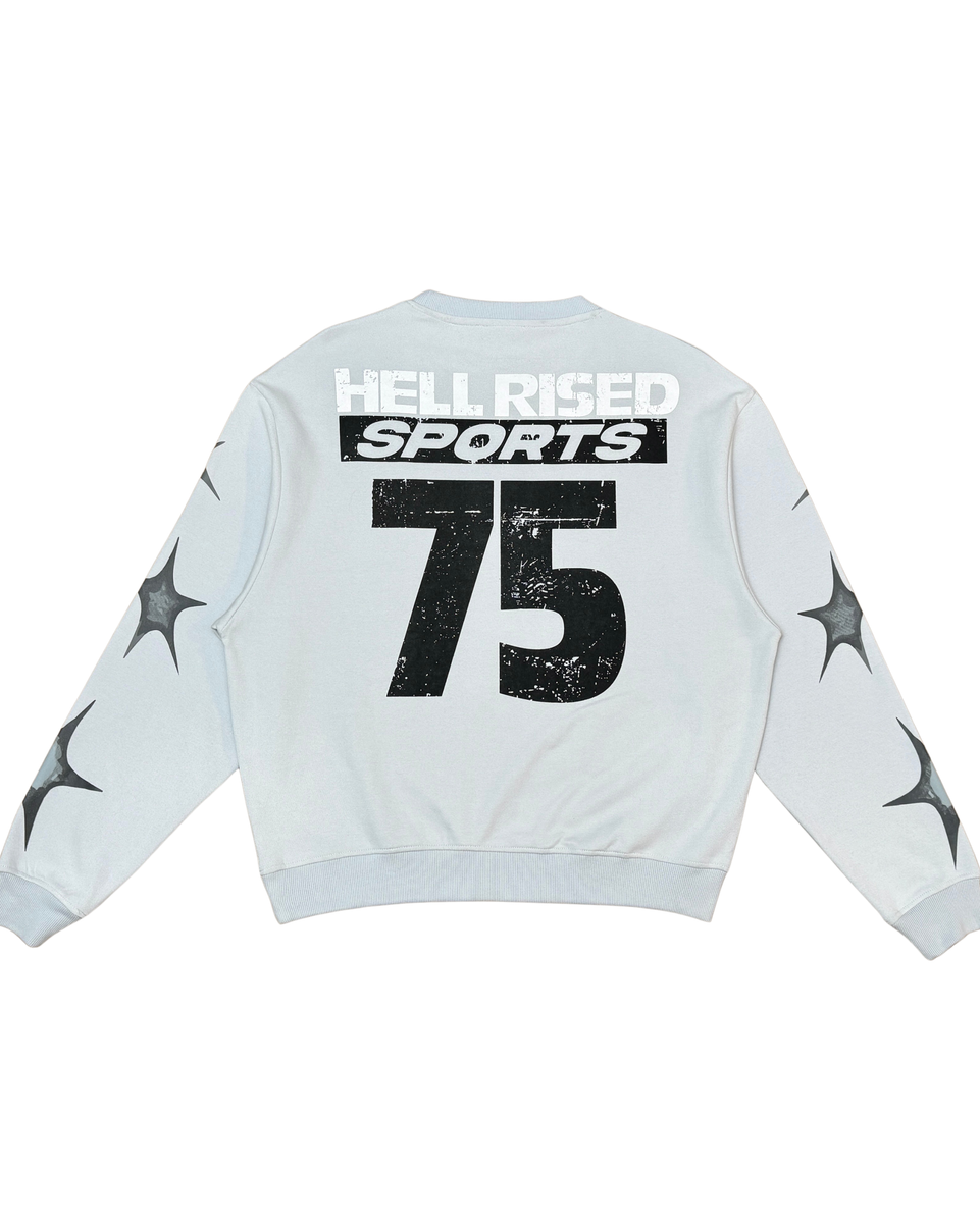 White sweatshirt with 'HELLRISED SPORTS' and number '75' on a white background