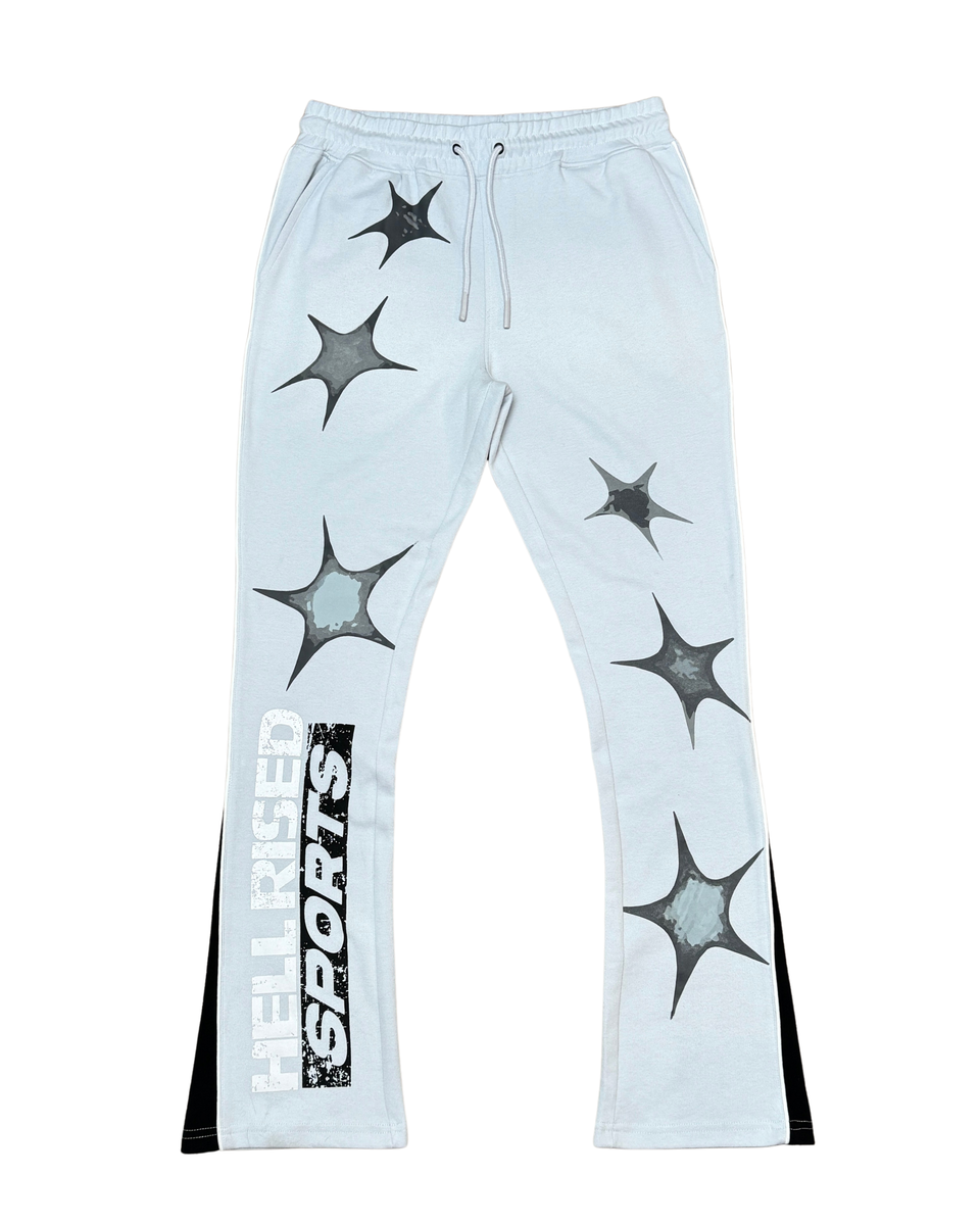 Light blue sweatpants with star patterns and 'Hell Rides Sports' text on a white background