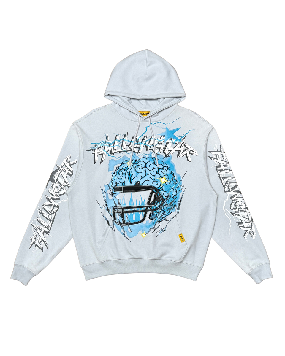 White hoodie with graphic design of a football helmet and text on a white background