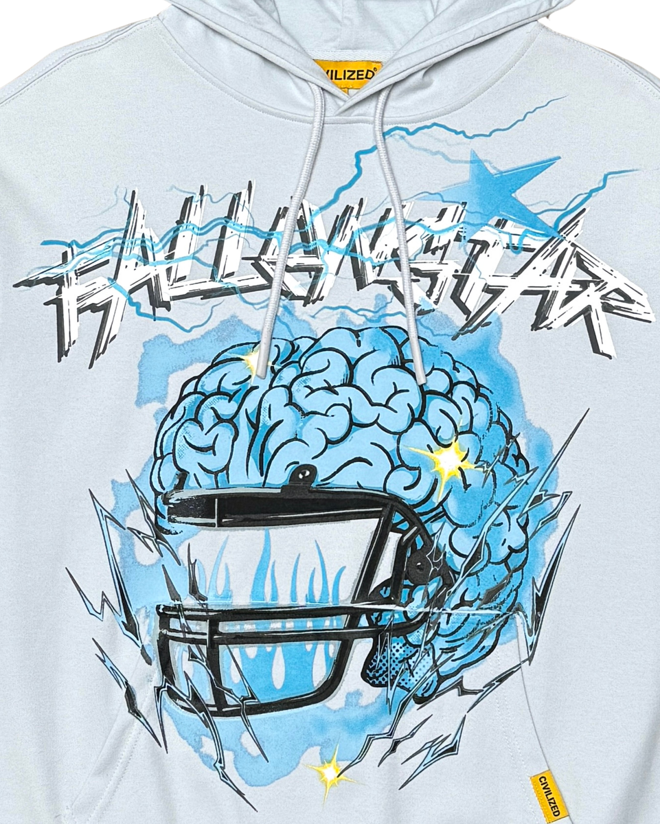 Light gray hoodie with a graphic design of a helmet and brain, featuring the brand 'Hollister'.