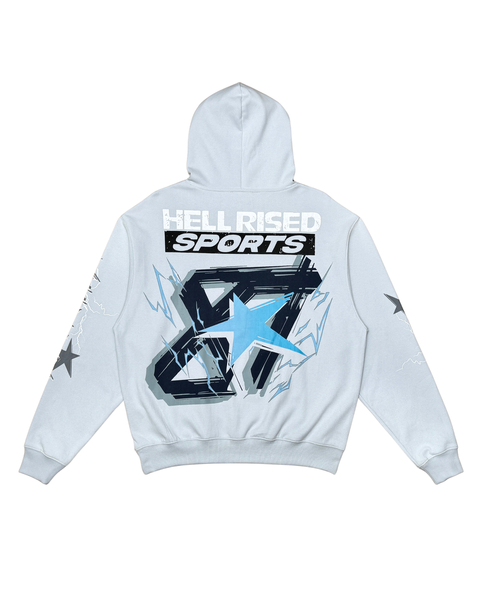 Light gray hoodie with 'HELL RISEN SPORTS' text and star design on a white background