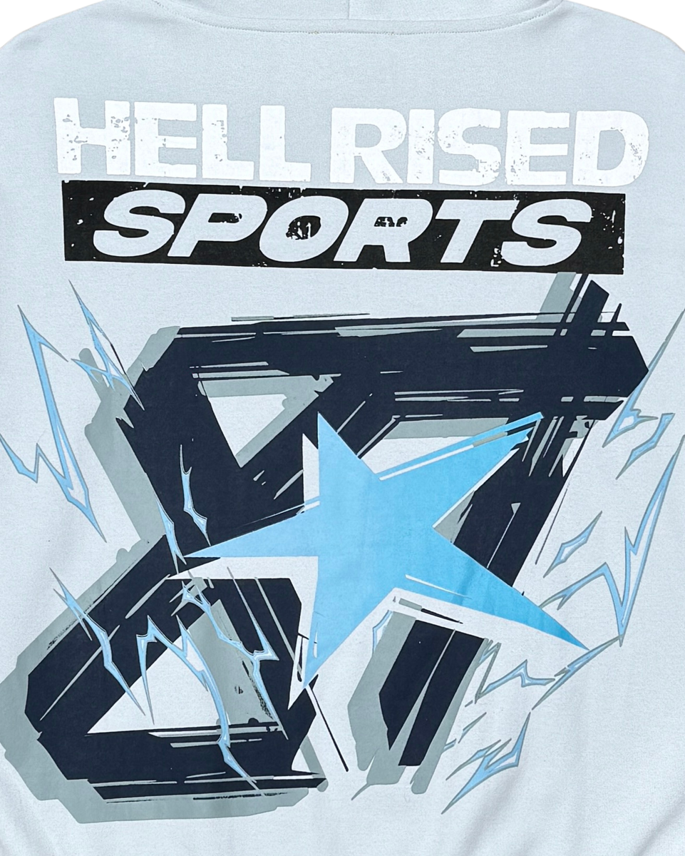 Light blue t-shirt with 'HELL RISED SPORTS' text and star design.