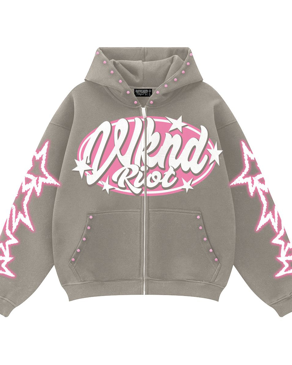 Gray hoodie with pink and white graphics on a white background