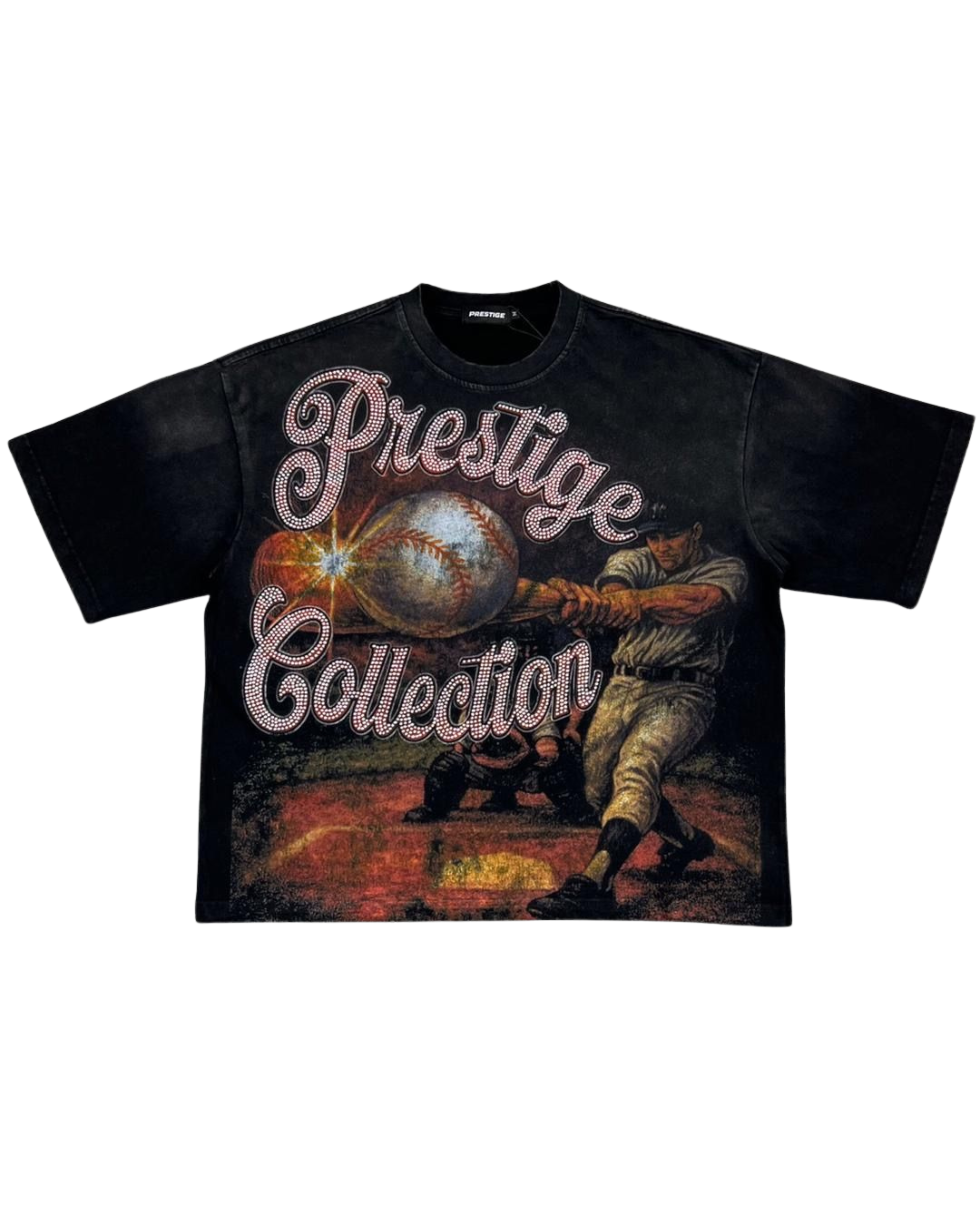 Black t-shirt with vintage baseball graphic and 'Prestige Collection' text on a white background