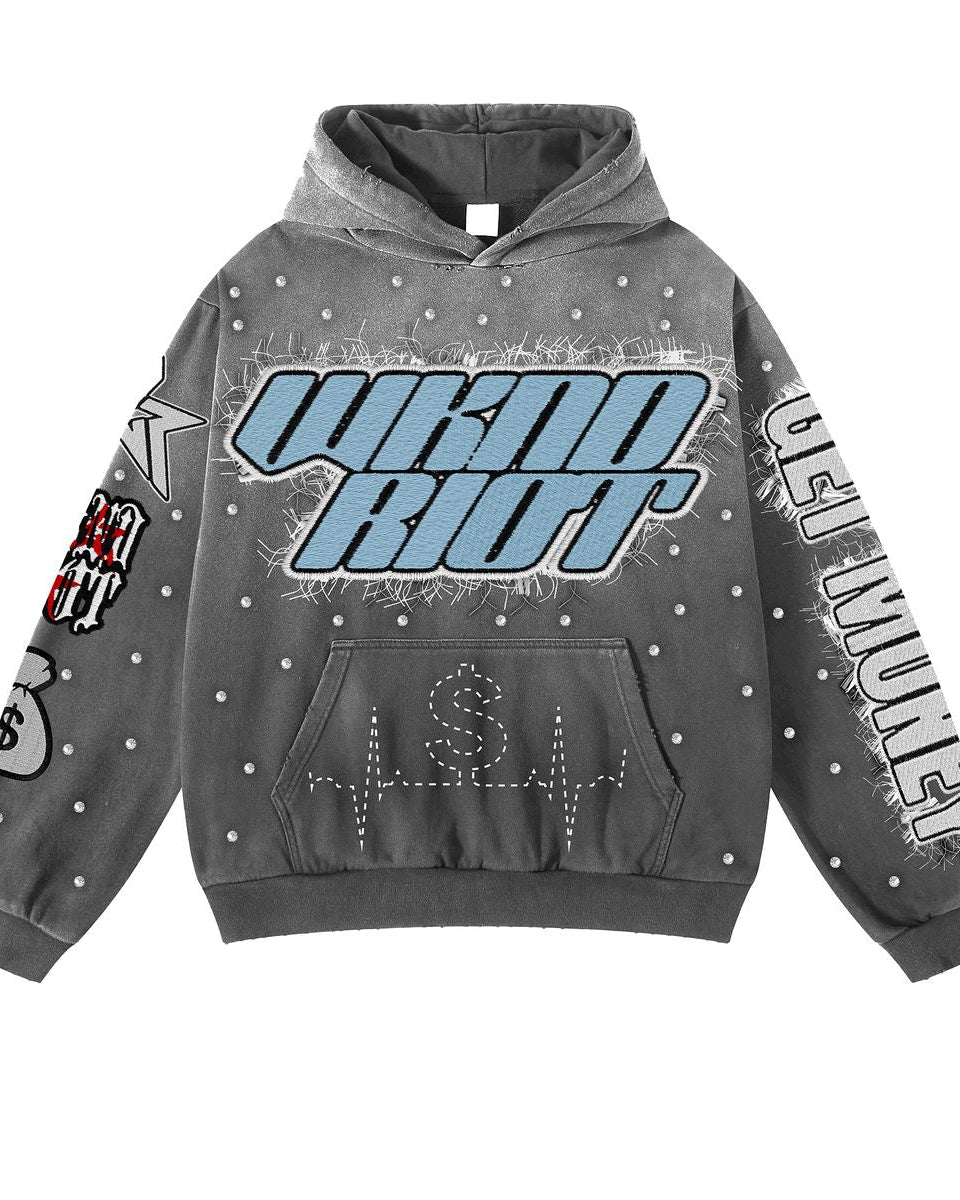 Gray hoodie with graphic designs and text on a white background