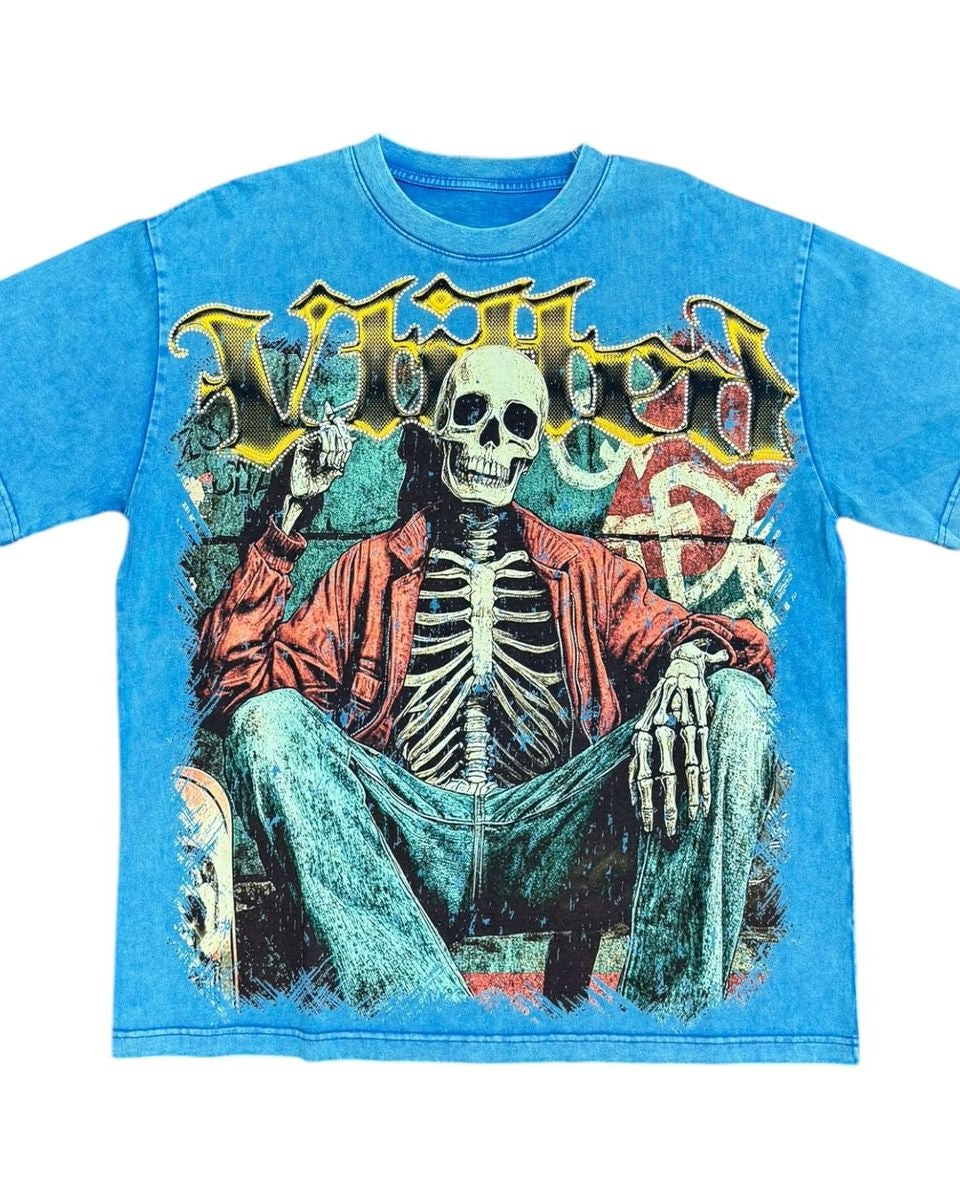 Blue t-shirt with a skeleton graphic and 'Villain' text on a white background