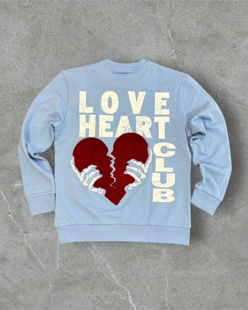 heart club crewneck in light blue by brand reelistik