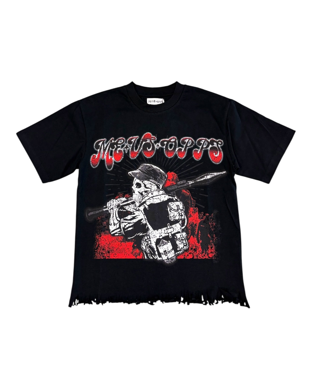 Black t-shirt with graphic design and text on a white background