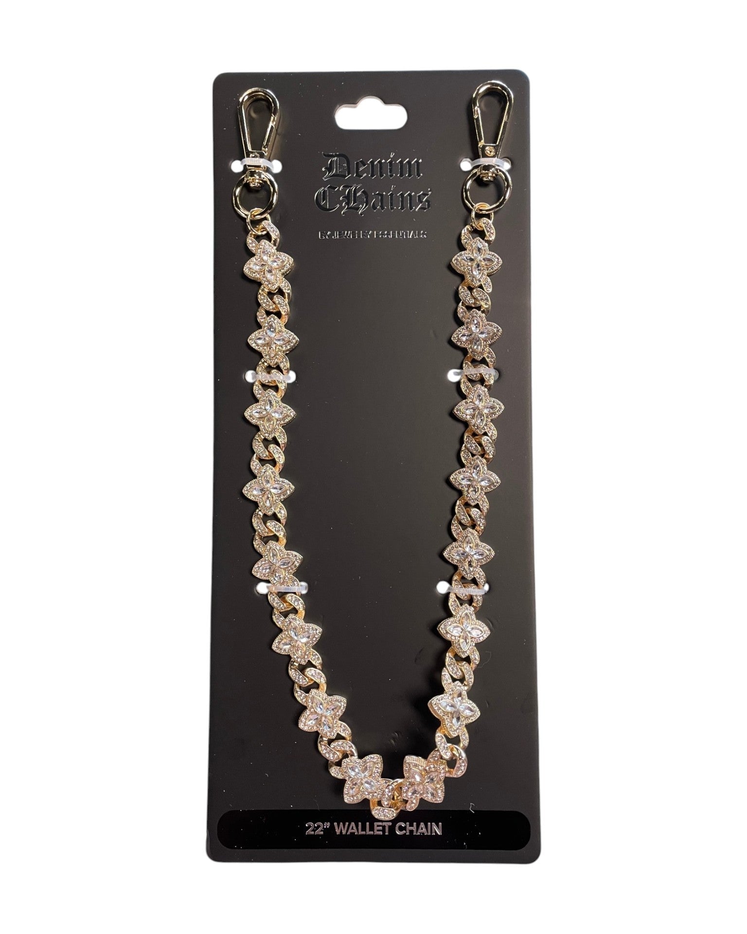 Decorative wallet chain on a black card with branding.